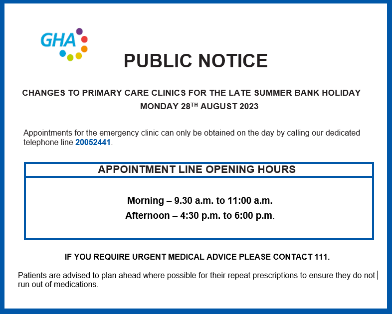 Changes to PCC Clinics for Monday 28 August 2023 (Late Summer Bank